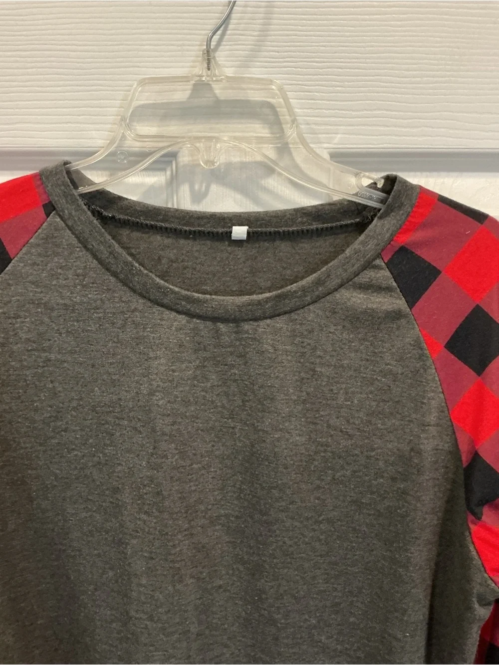 Gray Raglan Top with Red & Black Buffalo Plaid Sleeves